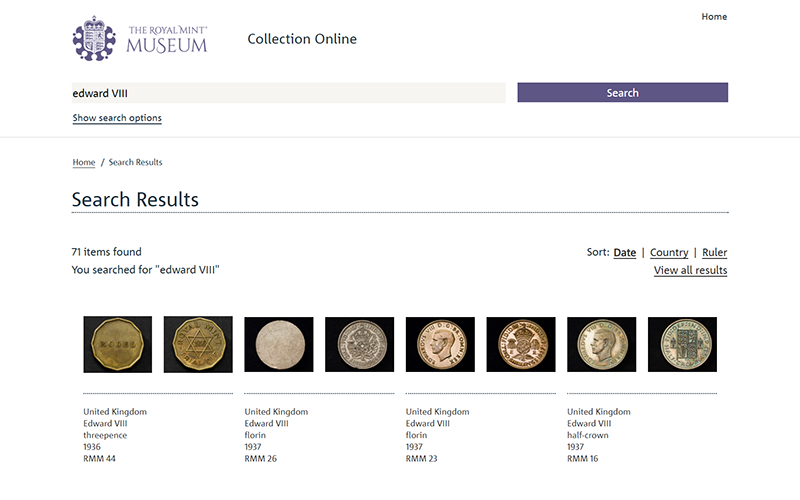 A screenshot of the Royal Mint Museum collection online results page for the coins of Edward VIII