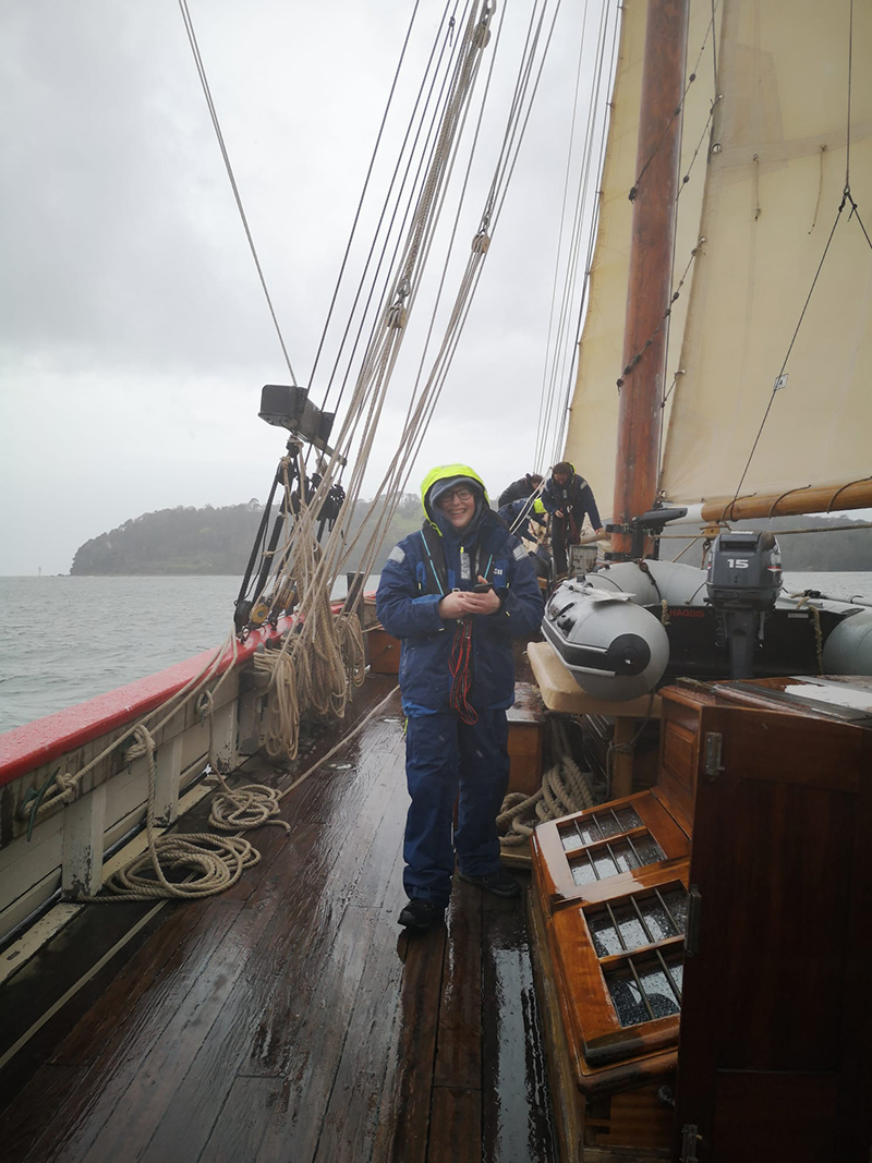 Recording for the podcast on board the Johanna Lucretia