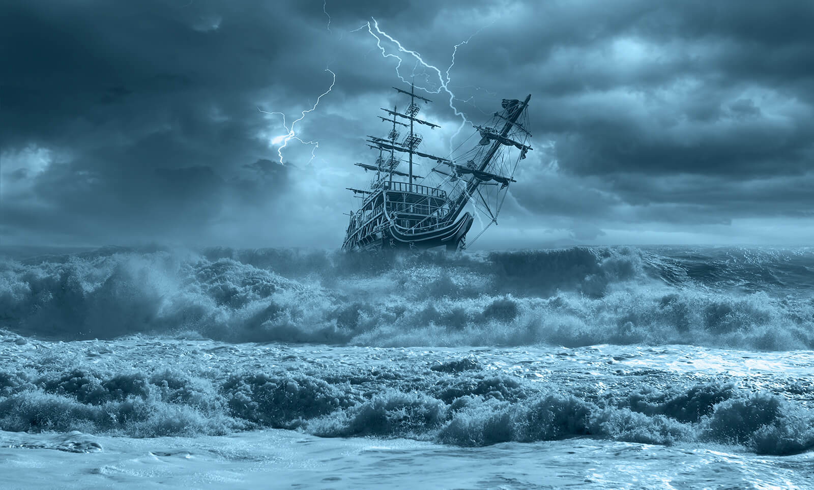 Sailing ship in a raging storm