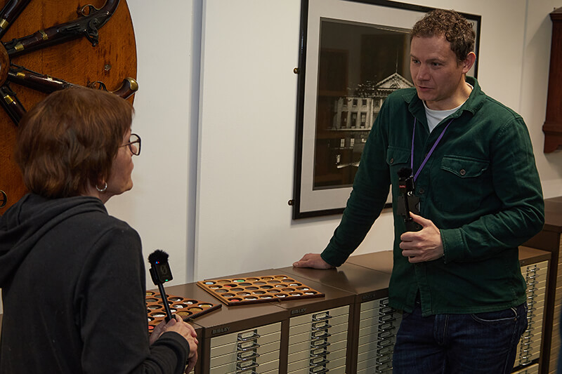 Chris Barker talking to Marian Gwyn at the Royal Mint Museum